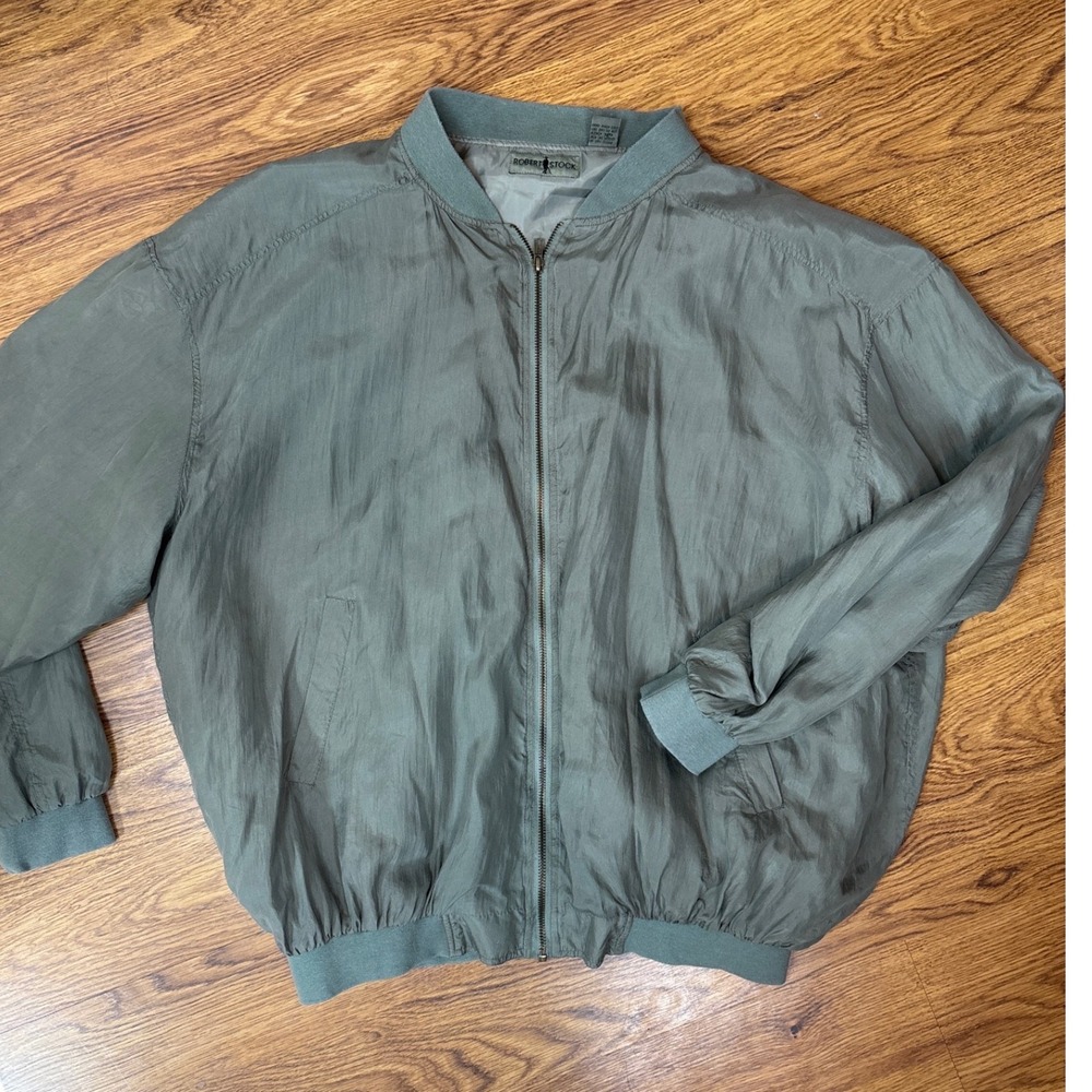Robert Stock Vintage 100% Silk Bomber Jacket Sage Green Mens Large Retro Preppy